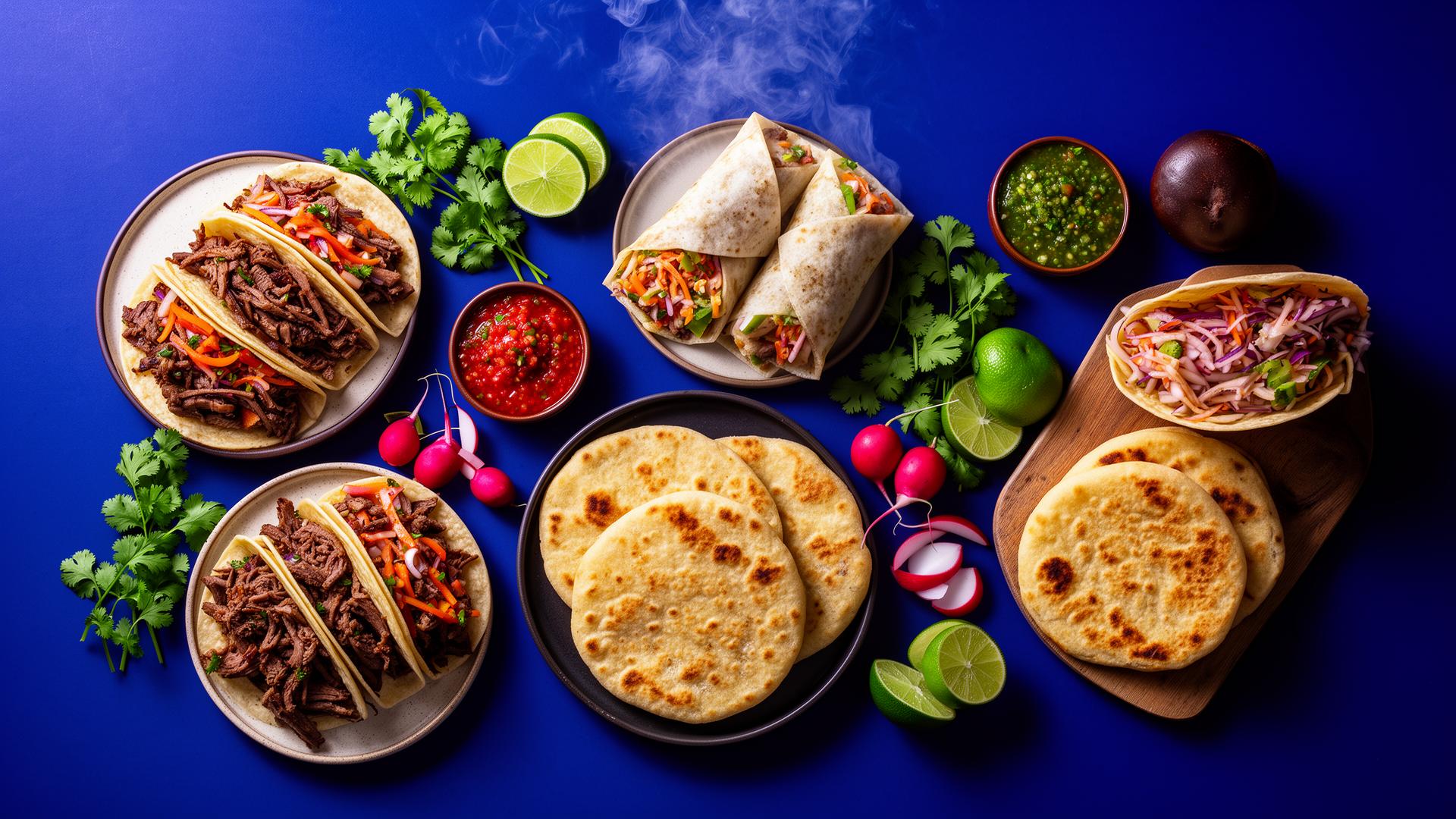 Authentic Mexican and Salvadoran street food spread — tacos, burritos and pupusas